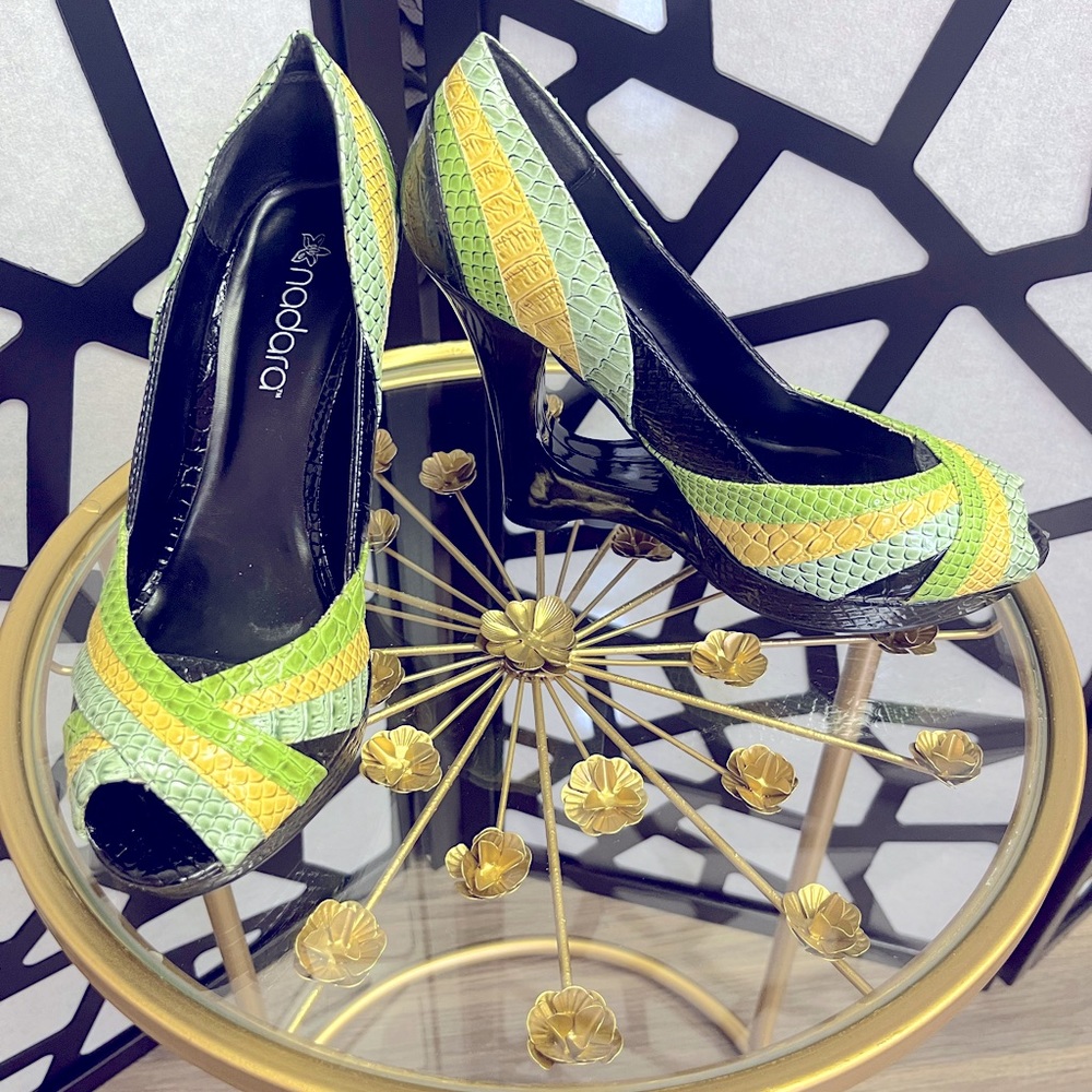 Nadara yellow, black and sea foam green sandal
